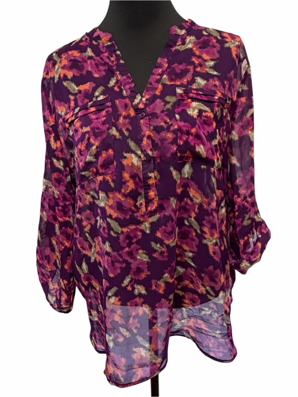 Apt. 9 XL Purple Pink Floral Roll Tab Sleeve Career Blouse Tunic Top